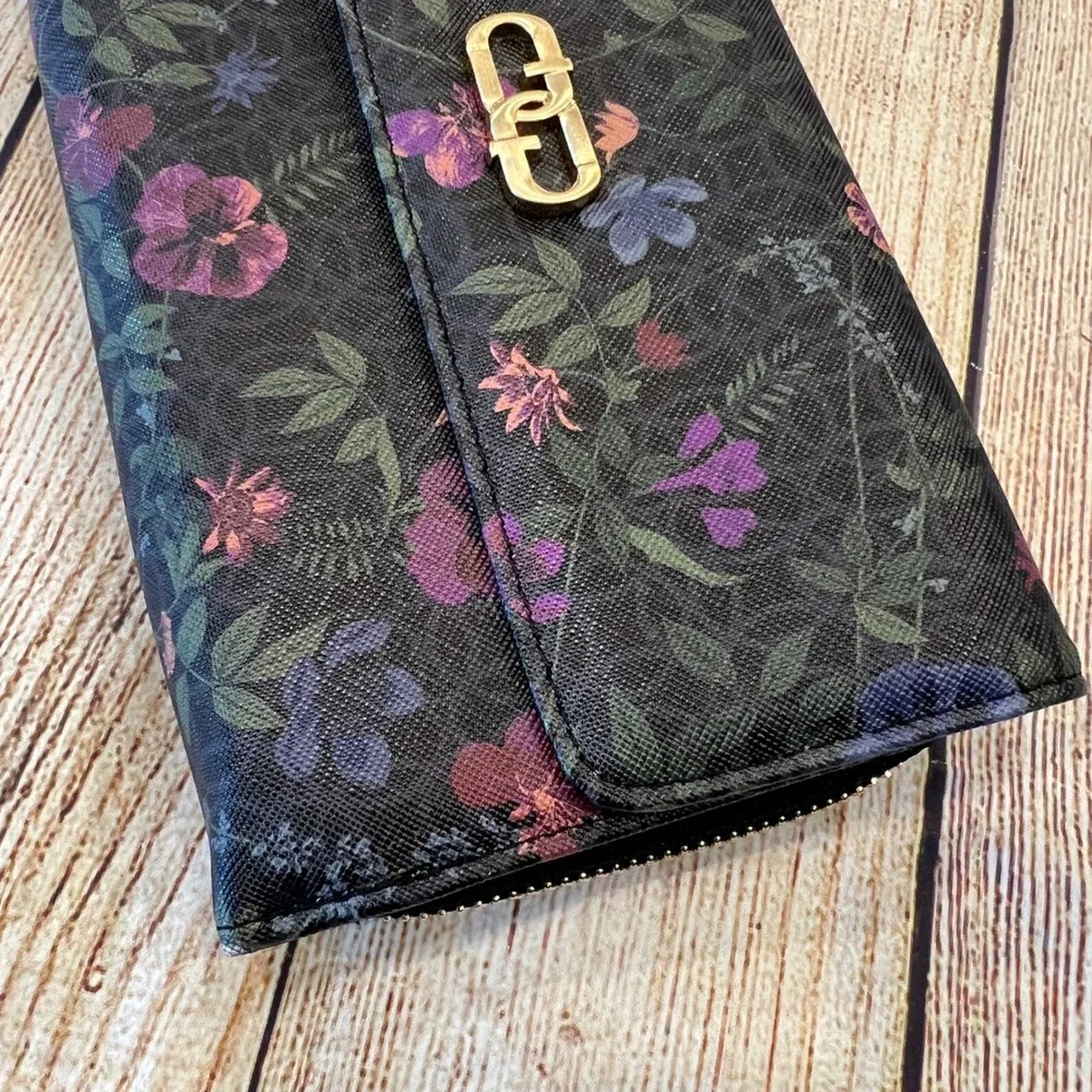 Guang TongVegan Leather Wristlet Wallet Black‎ Gold Hardware Organizer Floral